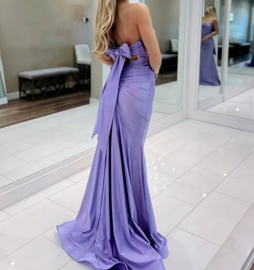 Simple Lilac Sweetheart Mermaid Pleats Satin Prom Formal Dress with Bow SP051