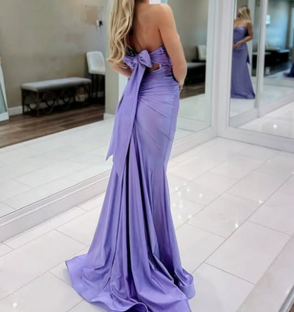 Simple Lilac Sweetheart Mermaid Pleats Satin Prom Formal Dress with Bow SP051