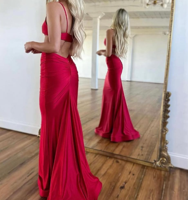 Sexy Red V-Neck Straps Mermaid Satin Prom Dress with Cut Outs SP053