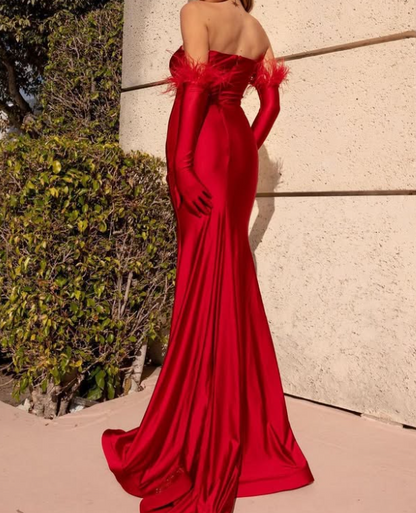 Sexy Feather Red V-Neck Sheath Satin Party Gown Prom Dress with Gloves SP054