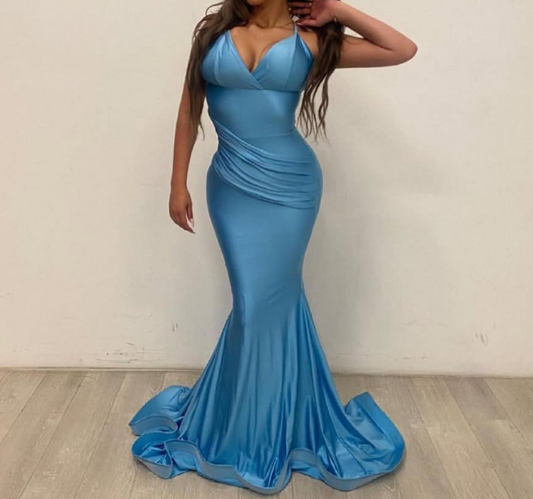 Simple Blue V-Neck Mermaid Satin Prom Evening Dress with Ruffles Train SP055
