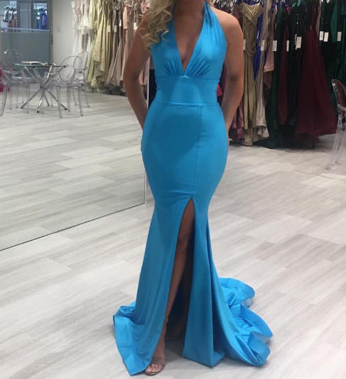 Classic Blue Halter V-Neck Mermaid Satin Prom Dress with Slit Party Gown SP058