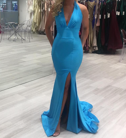 Classic Blue Halter V-Neck Mermaid Satin Prom Dress with Slit Party Gown SP058