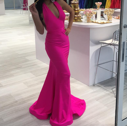 Elegant Fuchsia Halter V-Neck Mermaid Satin Prom Party Dress SP059