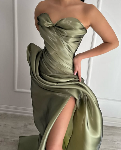 Charming Light Green Sweetheart Sheath Pleats Prom Formal Dress with Slit SP060