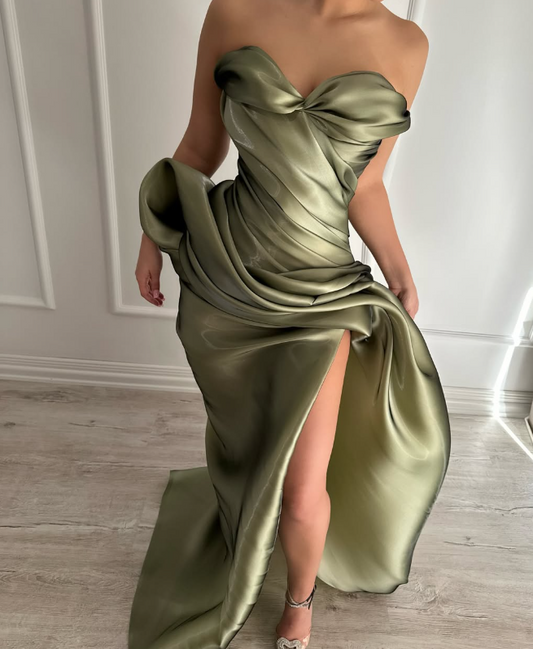 Charming Light Green Sweetheart Sheath Pleats Prom Formal Dress with Slit SP060