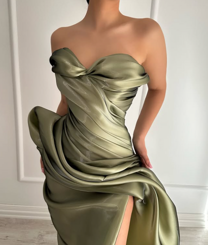 Charming Light Green Sweetheart Sheath Pleats Prom Formal Dress with Slit SP060
