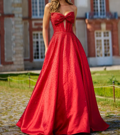 Glamorous Bow Red A-Line Sweetheart Satin Evening Party Dress with Beaded LP022