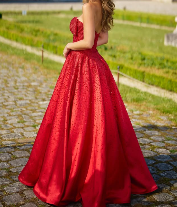 Glamorous Bow Red A-Line Sweetheart Satin Evening Party Dress with Beaded LP022