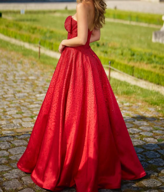 Glamorous Bow Red A-Line Sweetheart Satin Evening Party Dress with Beaded LP022