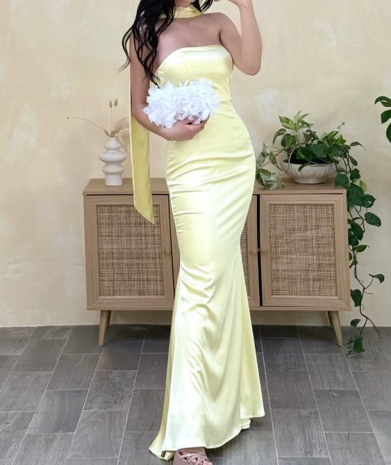Simple Yellow Tube Top Mermaid Satin Prom Formal Dress with Scarf SP071