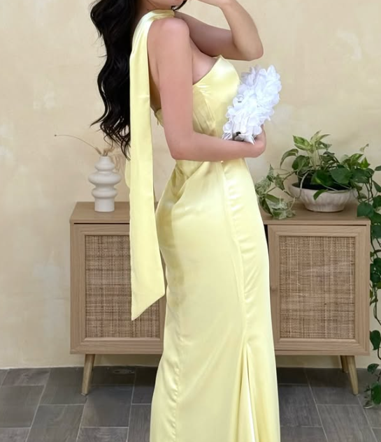 Simple Yellow Tube Top Mermaid Satin Prom Formal Dress with Scarf SP071