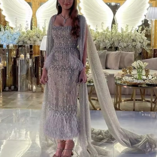 Luxury Grey Feather Square Neck Beaded Evening Dress with Cape Sleeve AE019