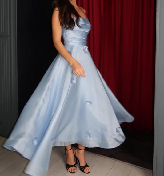Elegant 3D Floral Sky Blue Tube Top A-Line Satin Prom Party Dress SP073