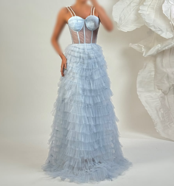 Elegant Navy Blue Sweetheart A-Line Tiered Lace Prom Dress SP074