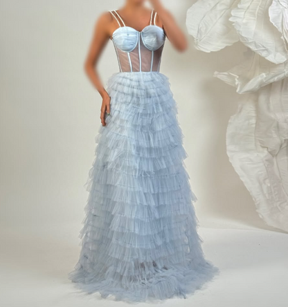 Elegant Navy Blue Sweetheart A-Line Tiered Lace Prom Dress SP074