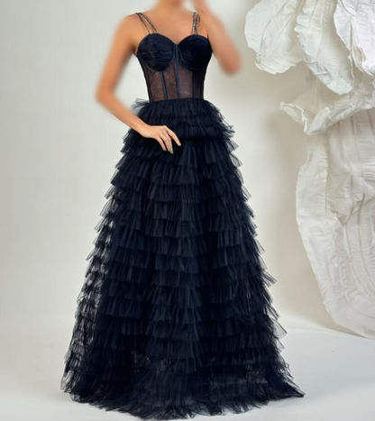 Elegant Navy Blue Sweetheart A-Line Tiered Lace Prom Dress SP074