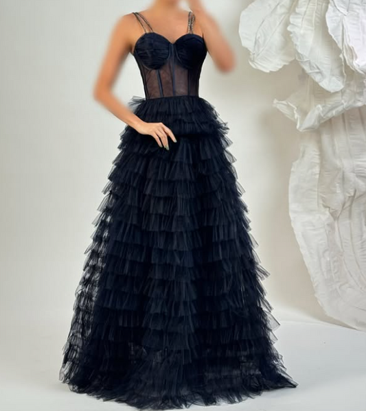 Elegant Navy Blue Sweetheart A-Line Tiered Lace Prom Dress SP074