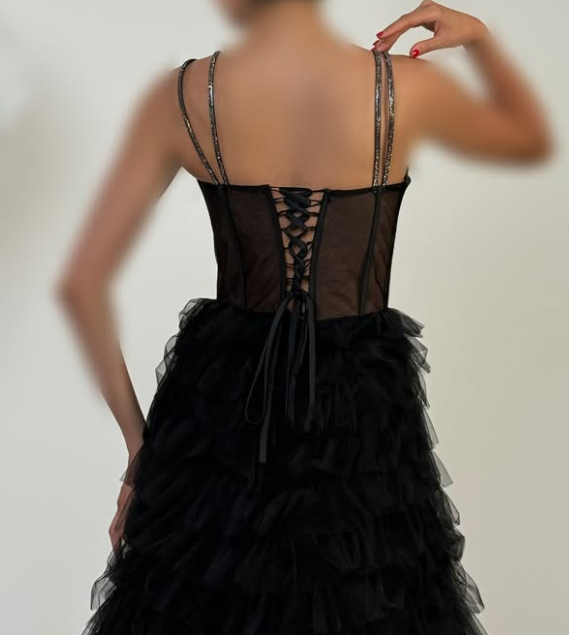 Elegant Navy Blue Sweetheart A-Line Tiered Lace Prom Dress SP074