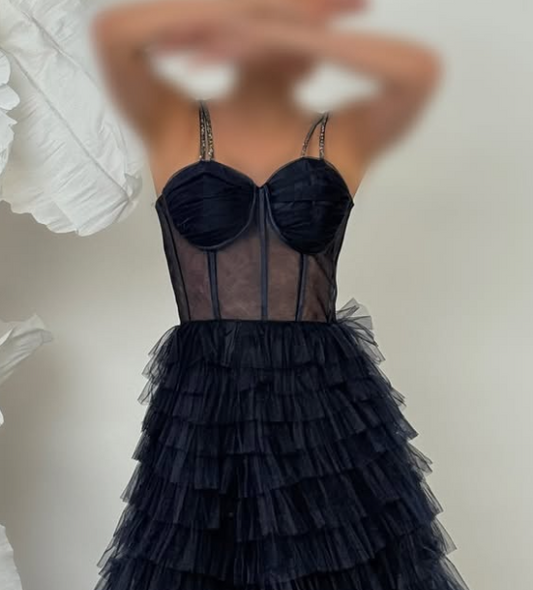 Elegant Navy Blue Sweetheart A-Line Tiered Lace Prom Dress SP074