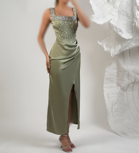 Chic Beaded Black Square Neck Straps Sheath Satin Prom Dress with Slit SP075