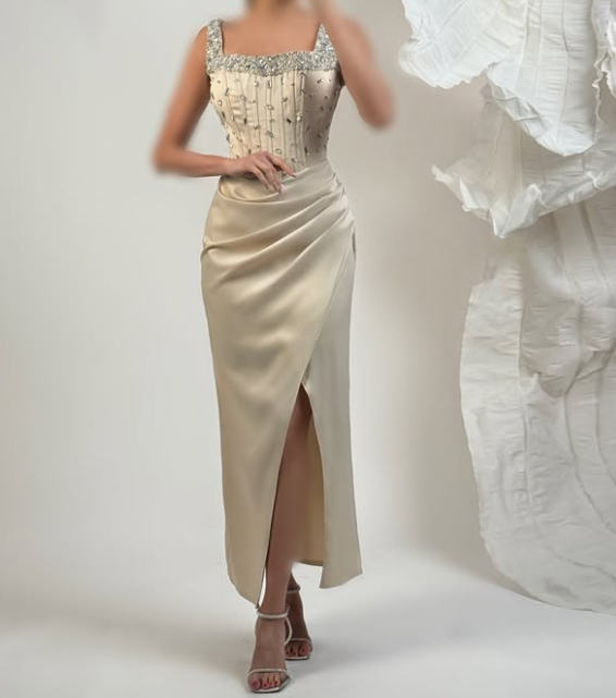 Chic Beaded Black Square Neck Straps Sheath Satin Prom Dress with Slit SP075