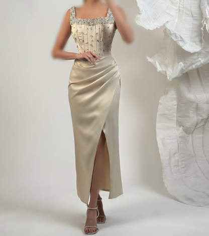 Chic Beaded Black Square Neck Straps Sheath Satin Prom Dress with Slit SP075