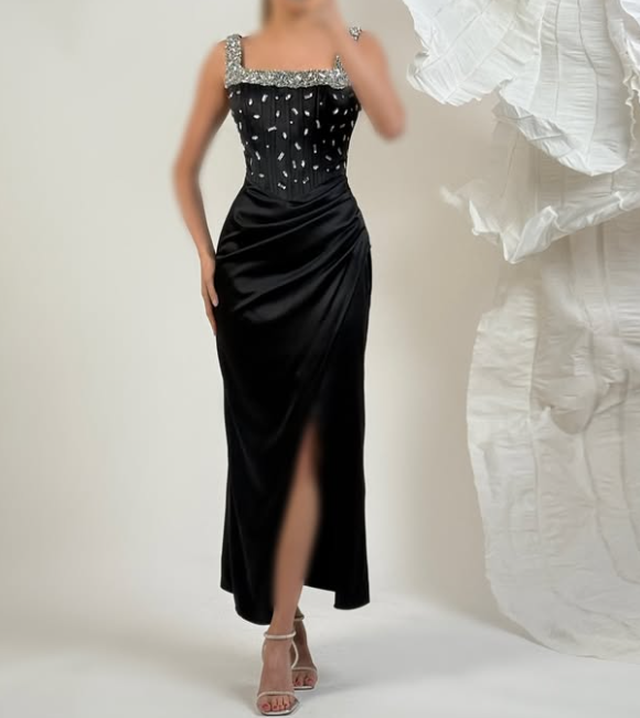 Chic Beaded Black Square Neck Straps Sheath Satin Prom Dress with Slit SP075