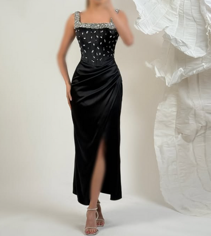 Chic Beaded Black Square Neck Straps Sheath Satin Prom Dress with Slit SP075