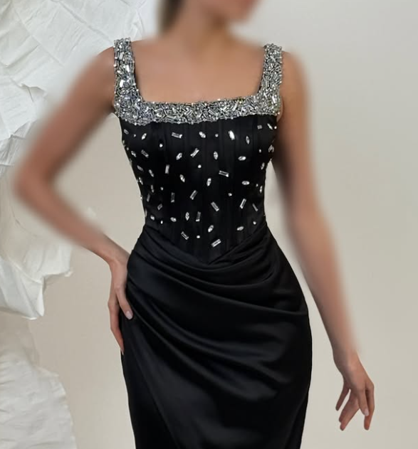 Chic Beaded Black Square Neck Straps Sheath Satin Prom Dress with Slit SP075