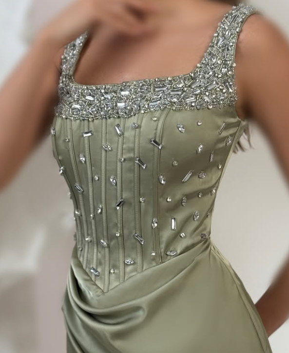 Chic Beaded Black Square Neck Straps Sheath Satin Prom Dress with Slit SP075