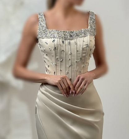 Chic Beaded Black Square Neck Straps Sheath Satin Prom Dress with Slit SP075