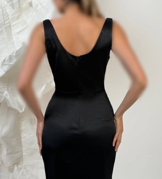 Chic Beaded Black Square Neck Straps Sheath Satin Prom Dress with Slit SP075