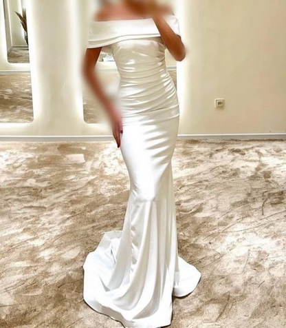 Simple Off-Shoulder White Sleeveless Mermaid Satin Prom Dress with Train SP078