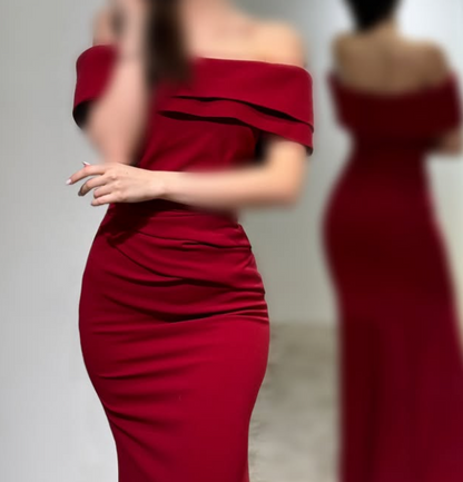 Simple Off-Shoulder White Sleeveless Mermaid Satin Prom Dress with Train SP078