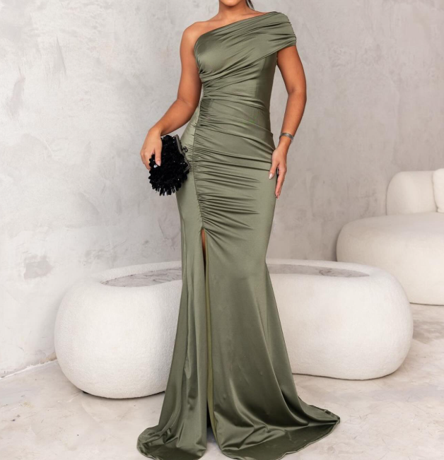 Simple One Shoulder Sleeveless Mermaid Green Satin Prom Formal Gown SP084