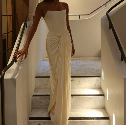 Elegant White Tube Top Sheath Draped Chiffon Formal Gown Prom Dress SP088