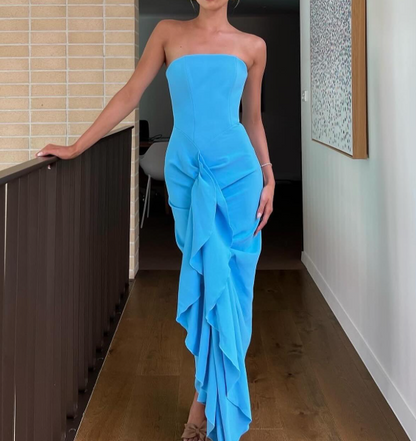 Classic Blue Tube Top Sleeveless Draped Chiffon Prom Dress SP091