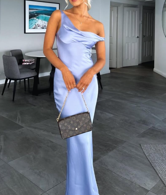 Elegant Blue One Shoulder Sheath Satin Long Formal Prom Dress SP095