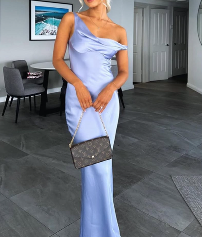 Elegant Blue One Shoulder Sheath Satin Long Formal Prom Dress SP095