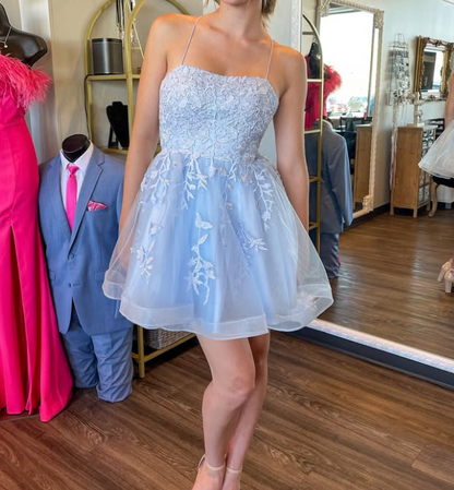 Cute Blue A-Line Lace Beaded Homecoming Dress with Appliques HM008