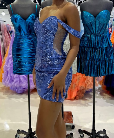 Luxury Beaded Blue Off-Shoulder Mini Homecoming Dress with Applique HM017
