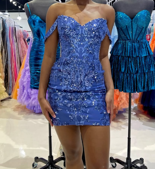 Luxury Beaded Blue Off-Shoulder Mini Homecoming Dress with Applique HM017
