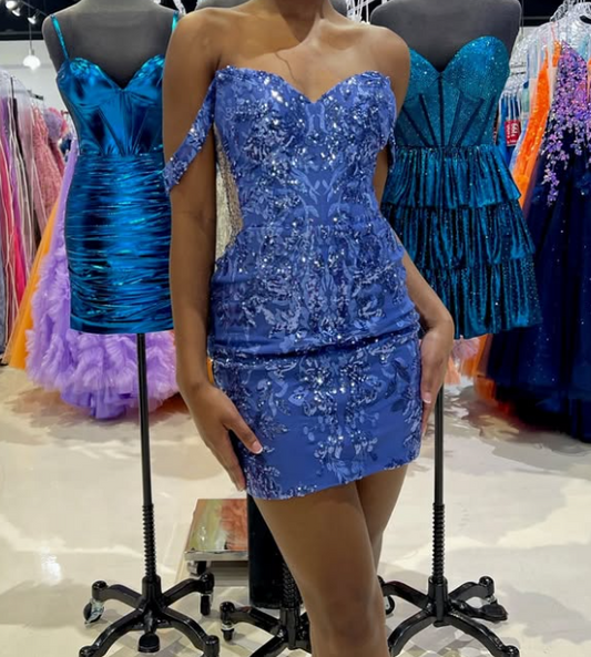 Luxury Beaded Blue Off-Shoulder Mini Homecoming Dress with Applique HM017