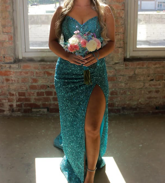 Stunning Blue Sweetheart High Slit Long Evening Dress Party Gown with Beaded LP024