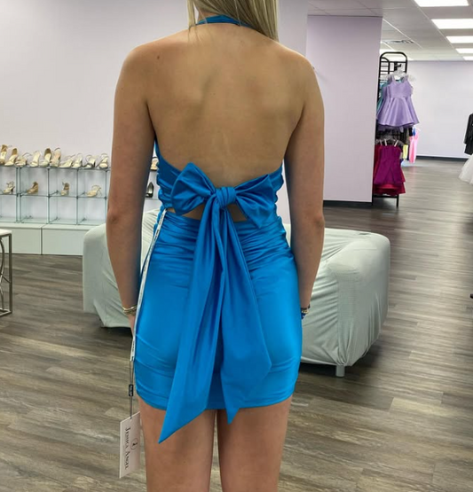 Sexy Halter V-Neck Blue Mini Homecoming Party Gown with Bow HM018