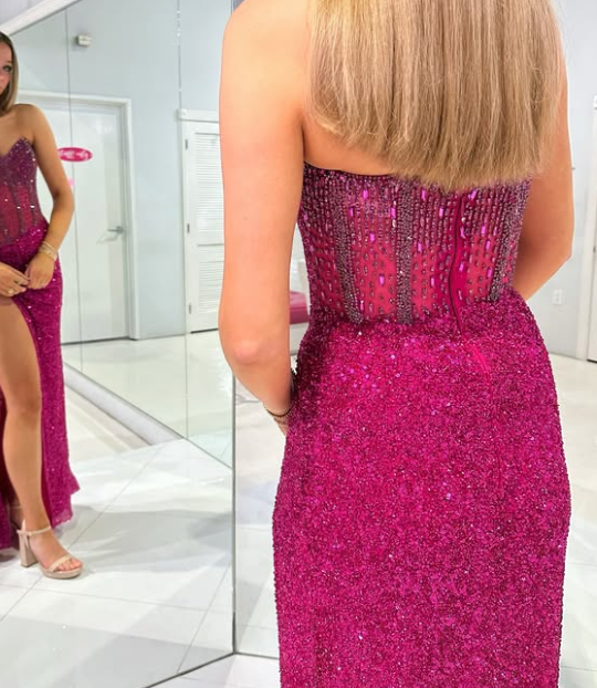 Sparkly Beaded Fuchsia Strapless Sheath Evening Party Dress with Slit LP025