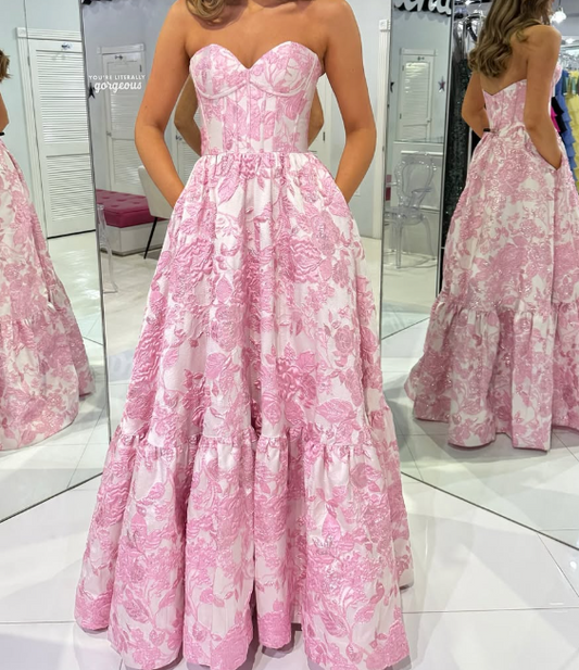 Graceful Pink Embroidered A-Line Sweetheart Evening Dress with Pockets LP026