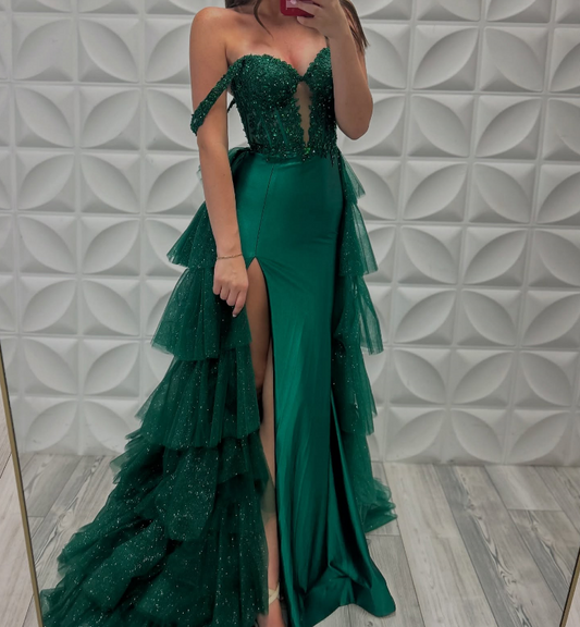 Elegant Appliques Green Sheath Satin Evening Dress with Tiered Overskirt LP028