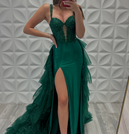 Elegant Appliques Green Sheath Satin Evening Dress with Tiered Overskirt LP028